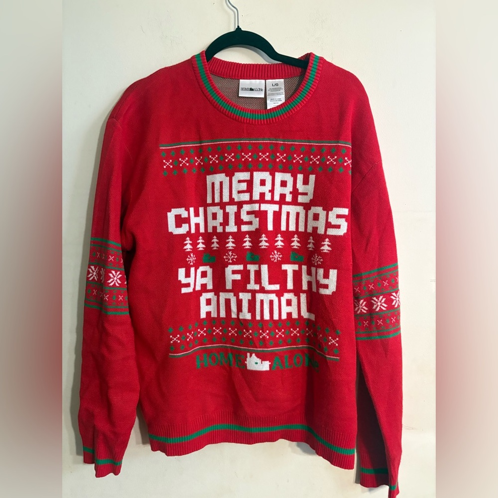 Home Alone Sweater Mens L Red Merry Christmas Holiday Crew Neck Pullover